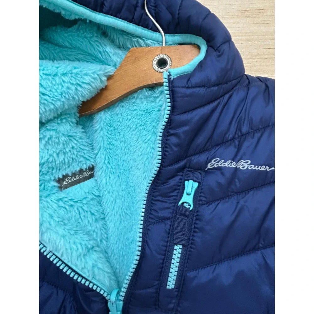 Eddie Bauer Kids Puffer Jacket Navy Blue Teal Hooded‎ Zip Front Insulated